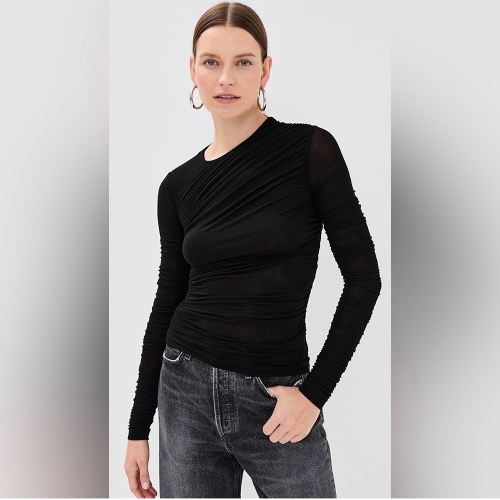 NWT $188 Agolde Tanya Twist Tee Black Small Long-Sleeve Ruched Jersey Crew Neck